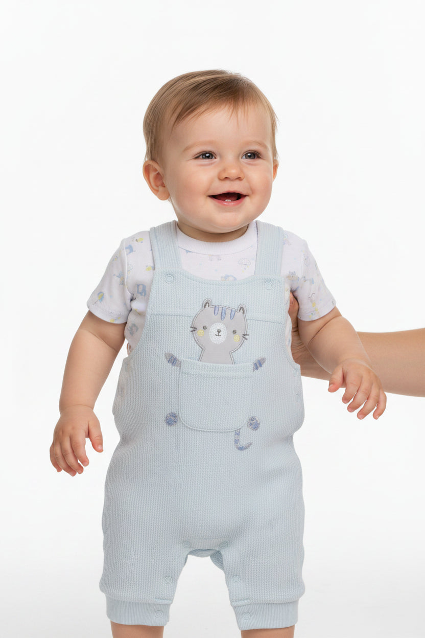 2pc Waffle Dungaree & T-Shirt Set - Safari/Blue (PK6) - J13952