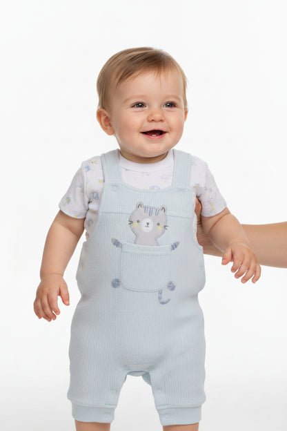 2pc Waffle Dungaree & T-Shirt Set - Safari/Blue (PK6) - J13952