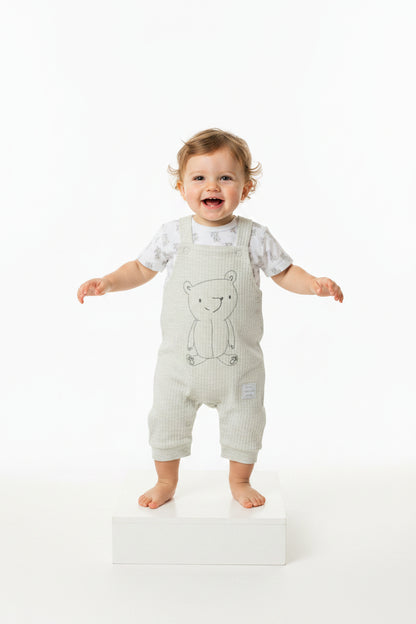 2pc Waffle Dungaree & T-Shirt Set - Bear/Grey (PK6) - M14260