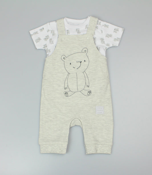 2pc Waffle Dungaree & T-Shirt Set - Bear/Grey (PK6) - M14260
