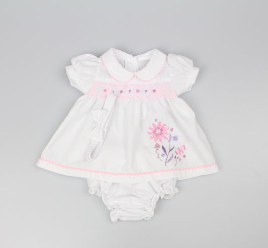 3pc Baby Girls Dress Set - White Smocked  (NB-6m) (PK6) - K14228