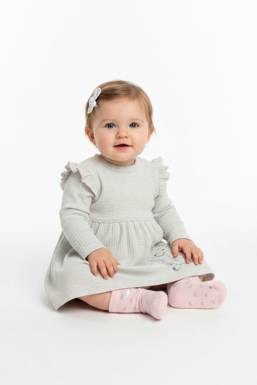 Baby Girls 3pc Dress Set - Grey Teddy (0-6 Months) (PK6) M14271