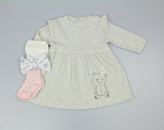 Baby Girls 3pc Dress Set - Grey Teddy (0-6 Months) (PK6) M14271