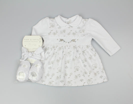 Baby Girls 3pc Dress Set - White/Bird (NB-3M) (PK6) M14277