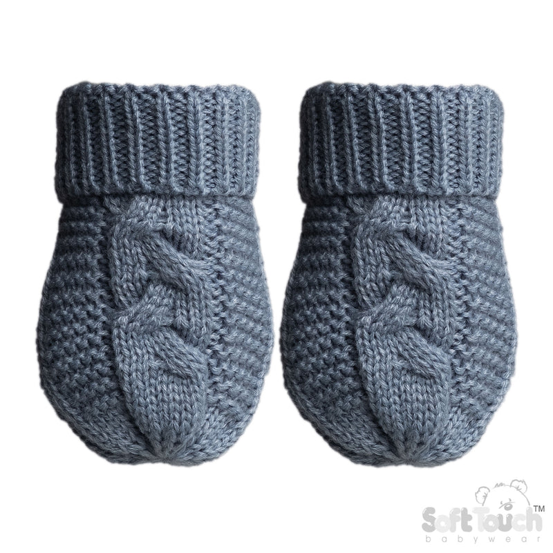 DUSTY BLUE INFANTS RECYCLED ACRYLIC CABLE KNIT MITTENS - (NB-12 Months) (PK12) EBM800-DB