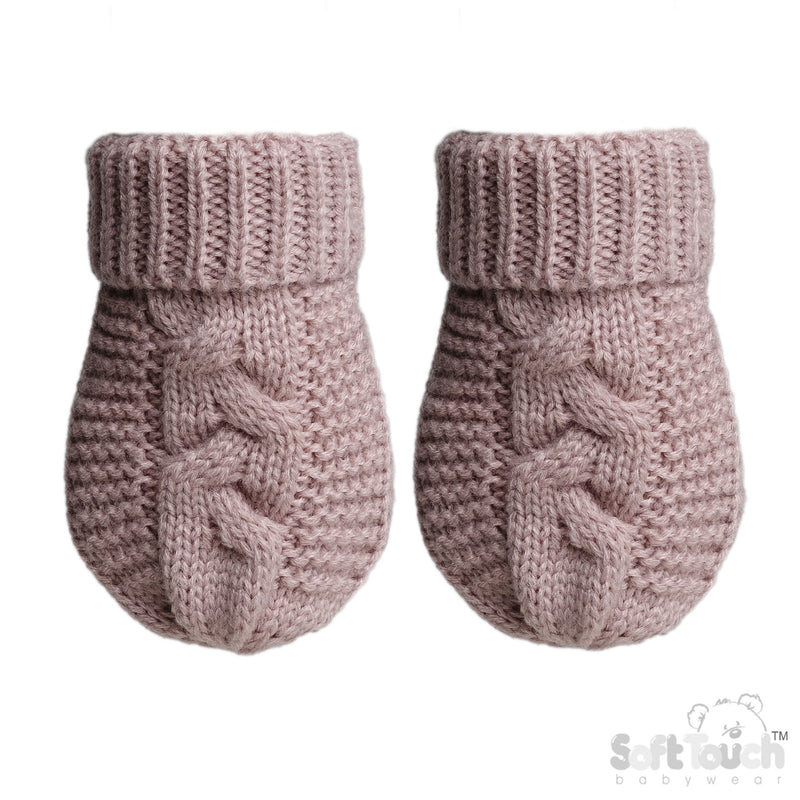 DUSTY PINK INFANTS RECYCLED ACRYLIC CABLE KNIT MITTENS - (NB-12 Months) (PK12) EBM800-DP
