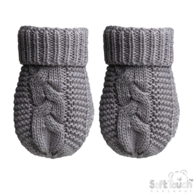 GREY INFANTS RECYCLED ACRYLIC CABLE KNIT MITTENS - (NB-12 Months) (PK12) EBM800-G