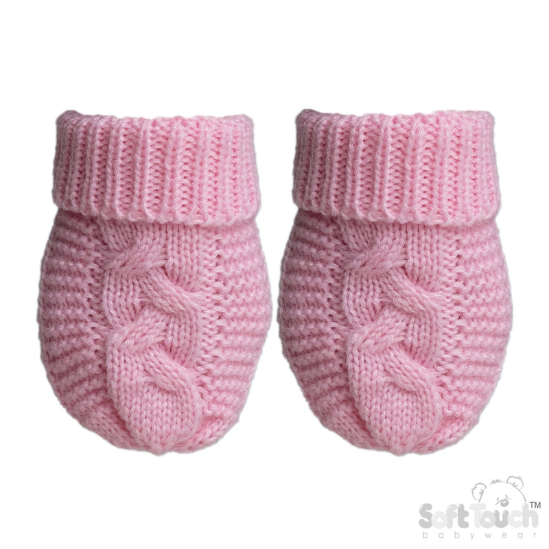 PINK INFANTS RECYCLED ACRYLIC CABLE KNIT MITTENS - (NB-12 Months) (PK12) EBM800-P