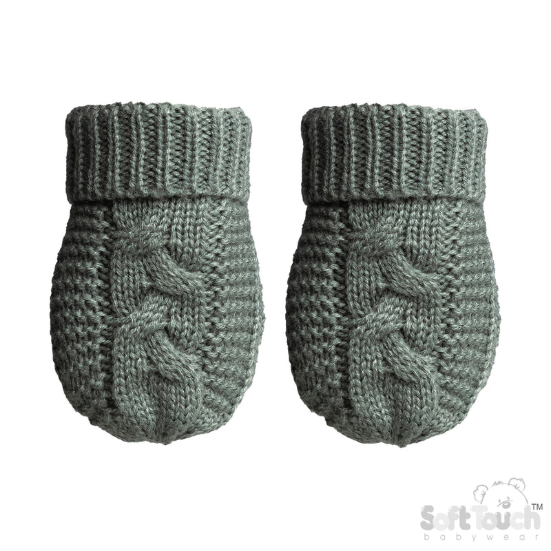 SAGE GREEN INFANTS RECYCLED ACRYLIC CABLE KNIT MITTENS - (NB-12 Months) (PK12) EBM800-SG