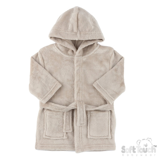 Embossed Hooded Robe - Biscuit/Animals (0-6m) (PK4) FBR305BI