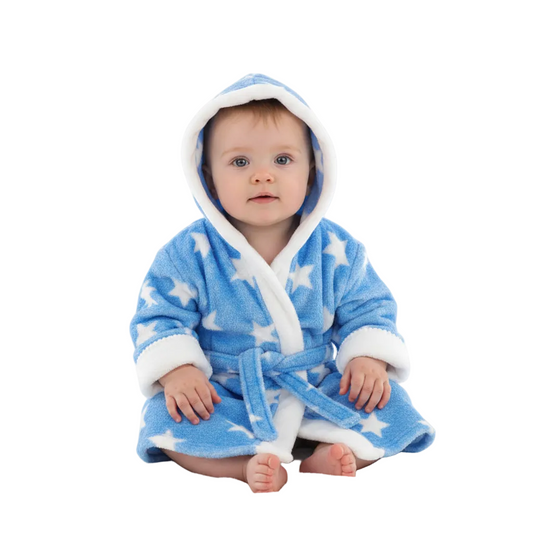 BLUE 'STAR' PRINTED CORAL HOODED ROBE WITH WHITE TRIM- 4FBR40-BP