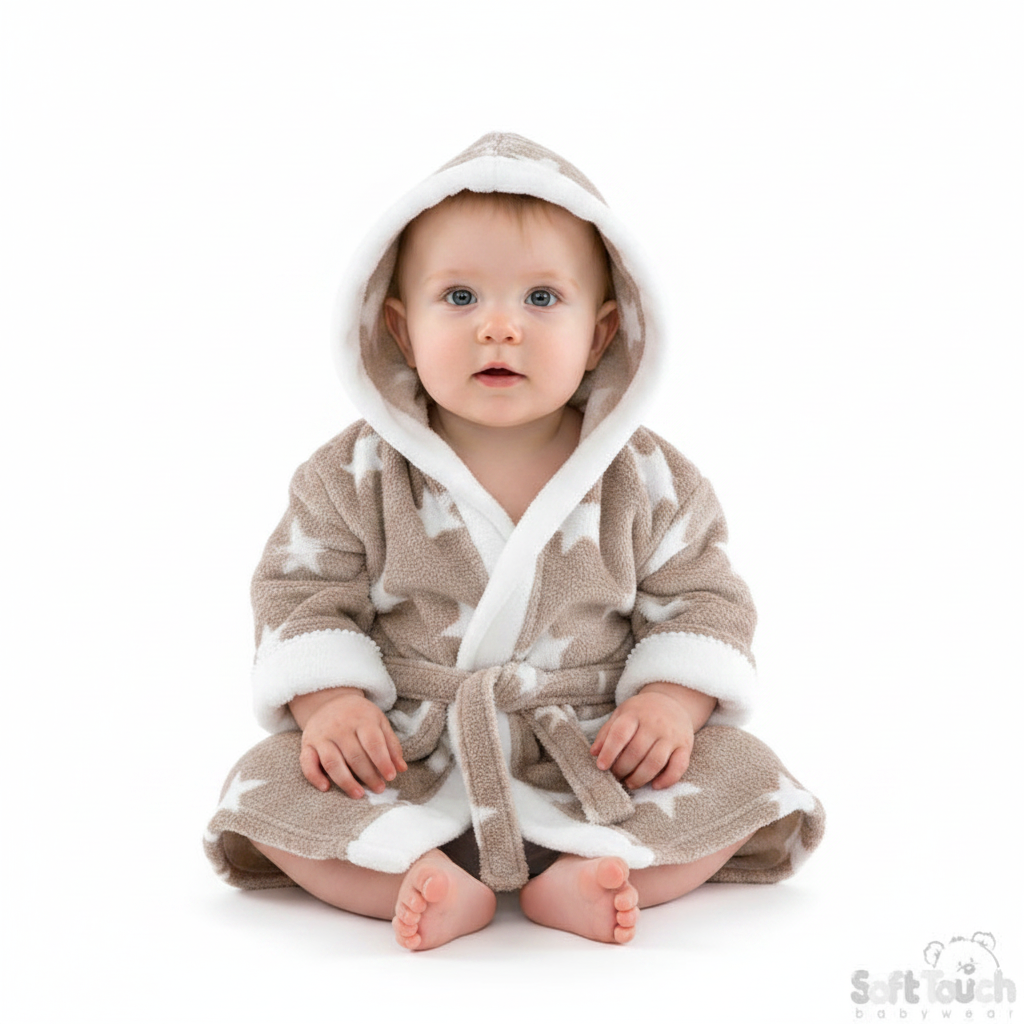 BROWN 'STAR' PRINTED CORAL HOODED ROBE WITH WHITE TRIM-4FBR40-BRP
