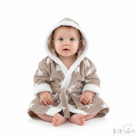 BROWN 'STAR' PRINTED CORAL HOODED ROBE WITH WHITE TRIM-4FBR40-BRP