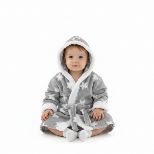 GREY 'STAR' PRINTED CORAL HOODED ROBE WITH WHITE TRIM-4FBR40-GP