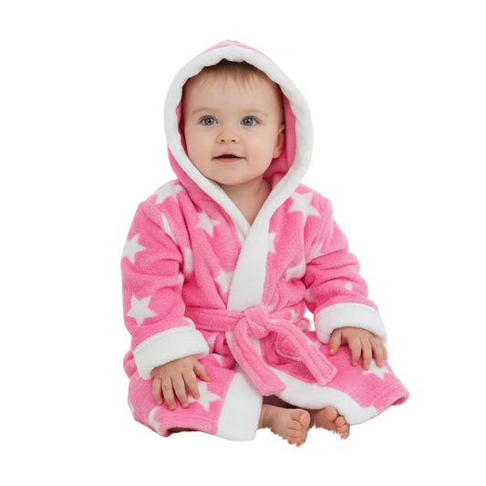 PINK 'STAR' PRINTED CORAL HOODED ROBE WITH WHITE TRIM-4FBR40-PP