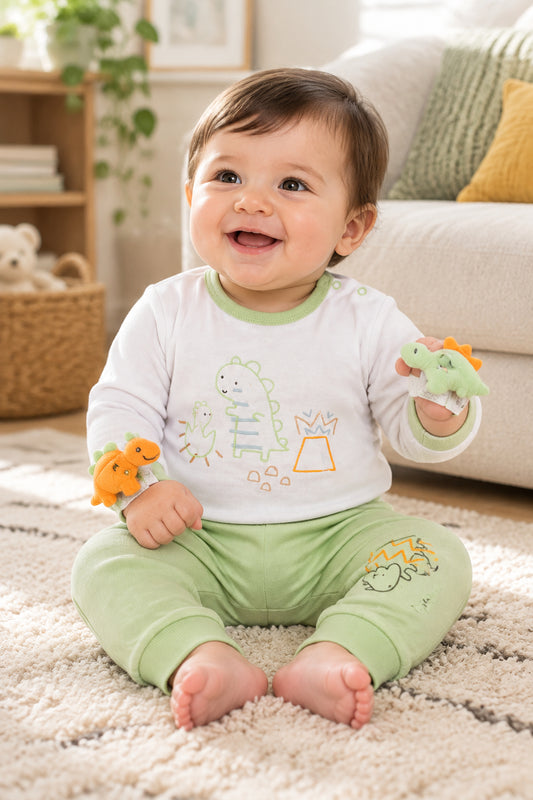 4pc Outfit with Wrist Rattles Gift Set - Green Dino (PK6) (0-9m) N14702