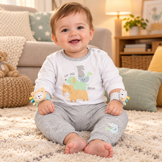4pc Outfit with Wrist Rattles Gift Set - Grey Farm (PK6) (0-9m) N14705