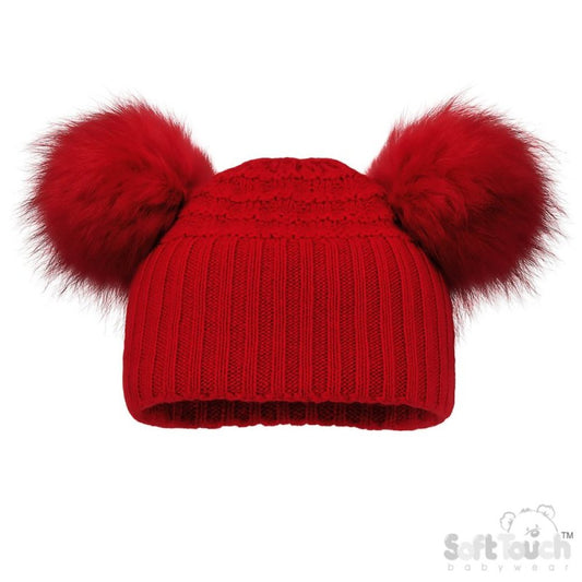 Deluxe Baby Red Checked/Striped Hat w/Pom Poms (NB-12m) (PK6) H670-R