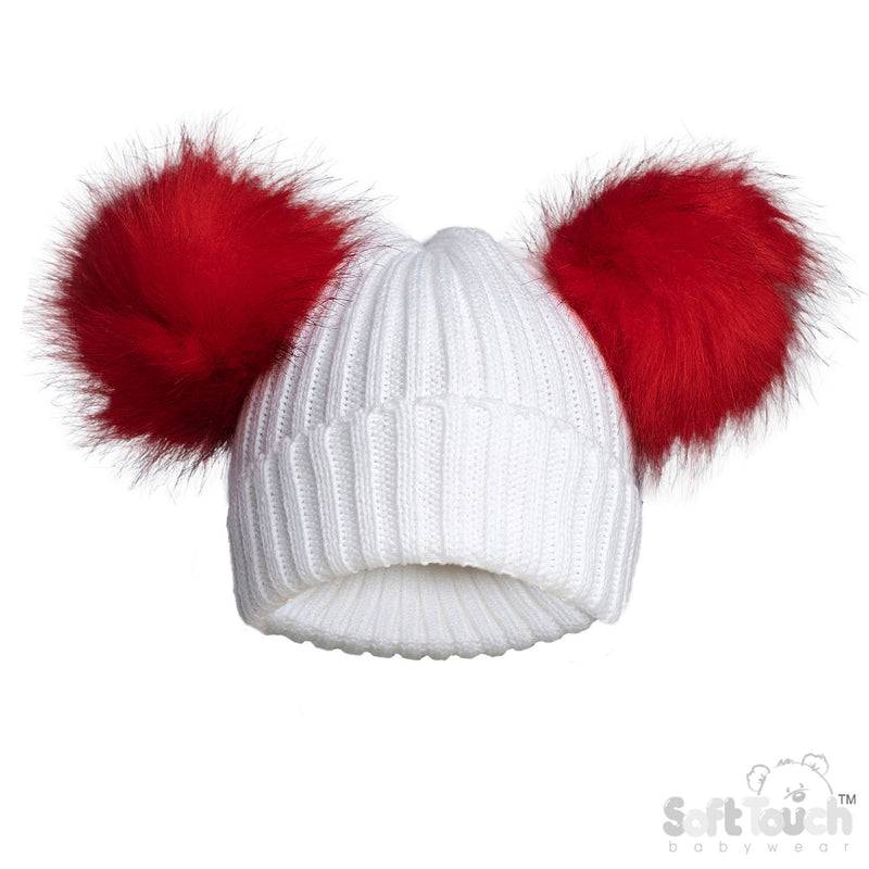 WHITE/RED INFANTS ACRYLIC RIBBED HAT W/FAUX FUR POM POMS - (NB-12 Months) (PK6) H688-R