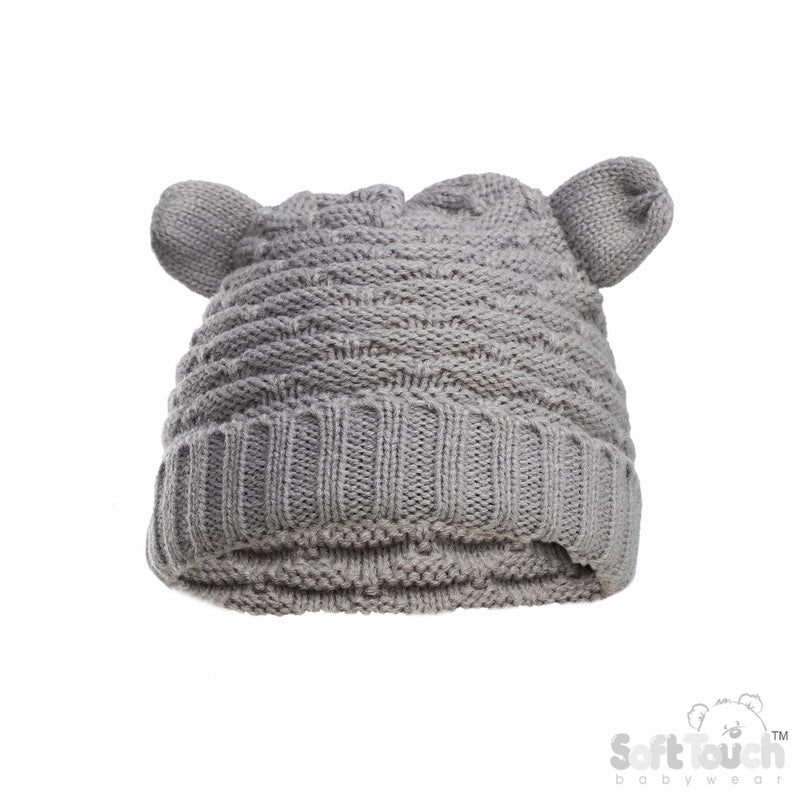 Cable Knit Infants Turnover Hat W/Ears - Grey (NB-12) (PK6) H710-G