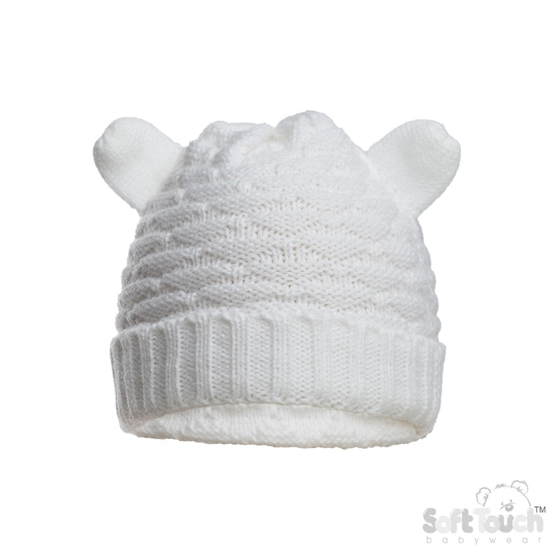 Cable Knit Infants Turnover Hat W/Ears - White (NB-12) (PK6) H710-W