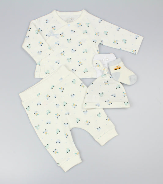Baby Boys 4pc Set - Cars/Cream (0-9m) (PK6)  M15983
