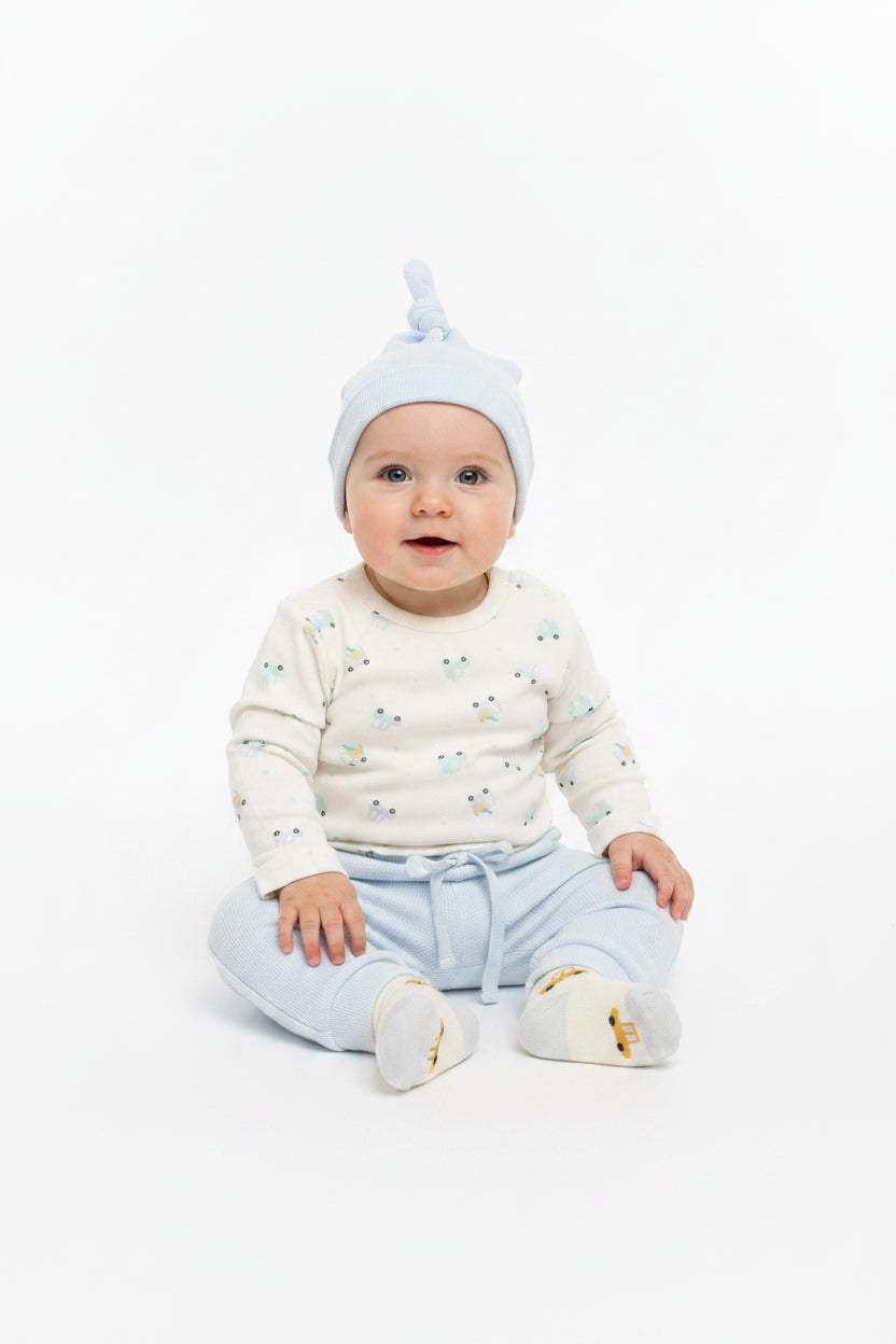 Baby Boys Waffle Fabric Top, Pant, Hat & Socks Outfit (PK6) (0-9M)- M15985
