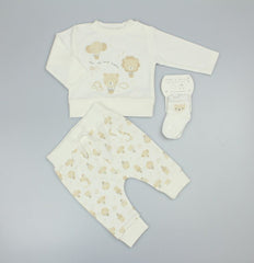 Baby  3pc Interlock Top, Trouser and Socks Set - White Hot Air Balloon (PK6) (0-9m) N14618