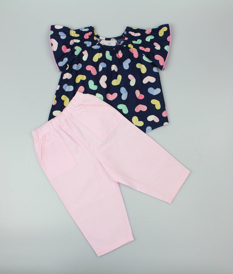 Girls tunic+trouser Hearts Woven Navy/Pink (PK 6) (1-2 YEARS) E33227
