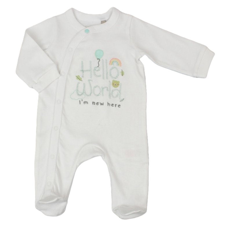 BABY " HELLO WORLD I'M NEW HERE" COTTON SLEEPSUIT (NB-3 MONTHS) (PK6) E03271