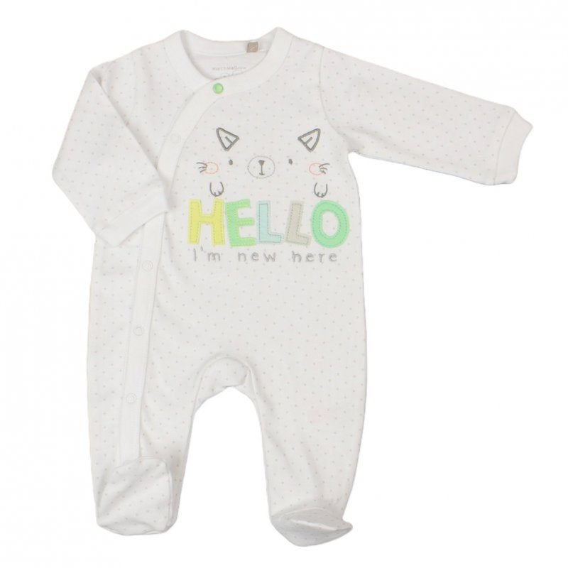 BABY " HELLO I'M NEW HERE" COTTON SLEEPSUIT (NB-3 MONTHS) (PK6) E03273