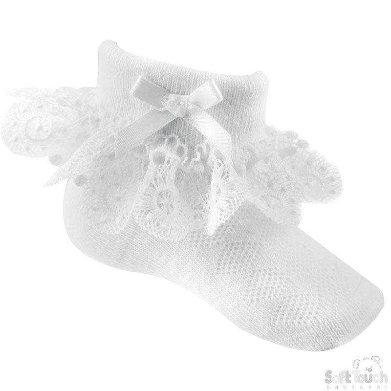 White Ankle Socks W/Flower Lace & Bow (0-12m) (PK12) S332w