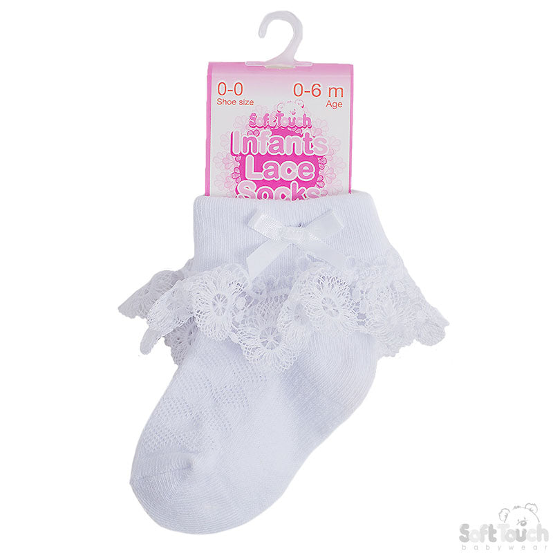 White Ankle Socks W/Flower Lace & Bow (0-12m) (PK12) S332w