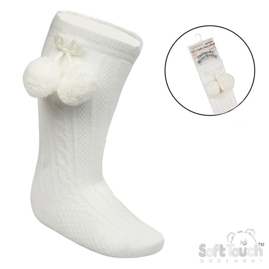 Cream 'Elegance' Pom Pom Knee Length Socks  (0-24 MONTHS) (PK12) S355-C