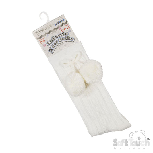 Cream 'Elegance' Pom Pom Knee Length Socks  (0-24 MONTHS) (PK12) S355-C