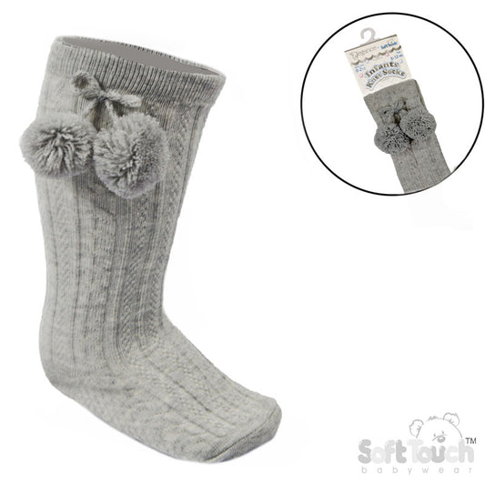 Grey 'Elegance' Pom Pom Knee Length Socks  (0-24 MONTHS) (PK12) S355-G