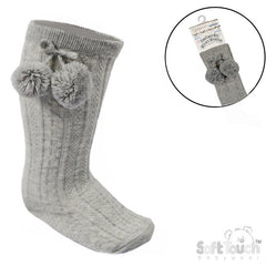 Grey 'Elegance' Pom Pom Knee Length Socks  (0-24 MONTHS) (PK12) S355-G