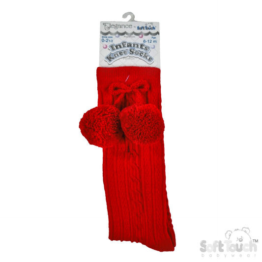 Red 'Elegance' Pom Pom Knee Length Socks (0-24 MONTHS) (PK12) S355-R