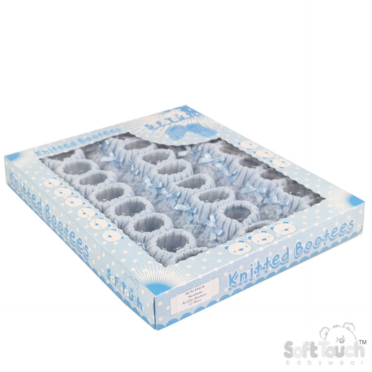 BLUE ACRYLIC BOOTEES WITH CHECK DESIGN AND BOW - S442B