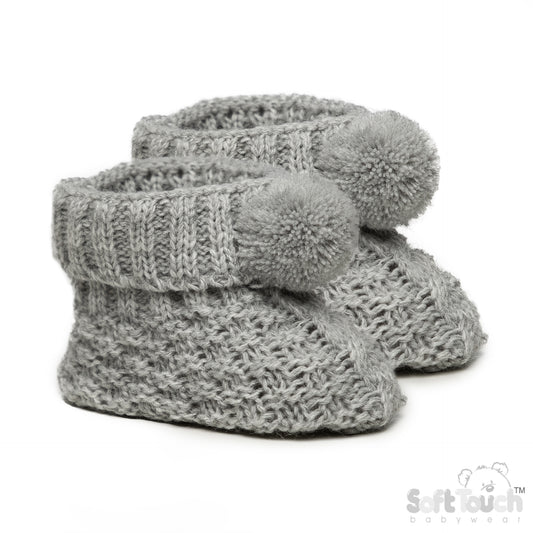 GREY ACRYLIC BABY BOOTEE WITH POM POM - S443G