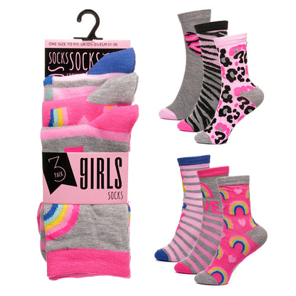 Girls 3pk Socks - Rainbow/Animals (PK12) (9-12 to 4-5.5) SK1199