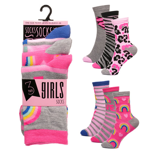 Girls 3pk Socks - Rainbow/Animals (PK12) (9-12 to 4-5.5) SK1199