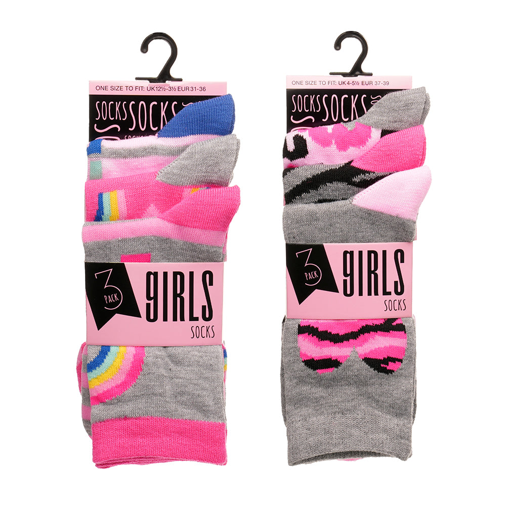 Girls 3pk Socks - Rainbow/Animals (PK12) (9-12 to 4-5.5) SK1199