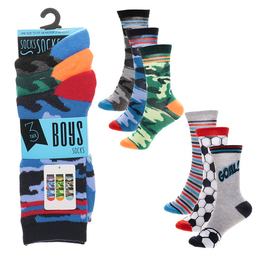Boys 3pk Socks - Football/Camo (PK12) (9-12 to 4-6) SK1400