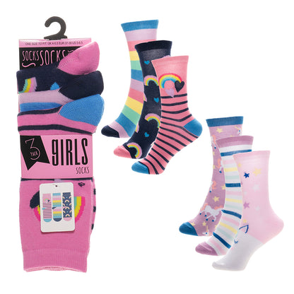 Girls 3pk Socks - Rainbow/Unicorn (PK12) (9-12 to 4-5.5) SK1402