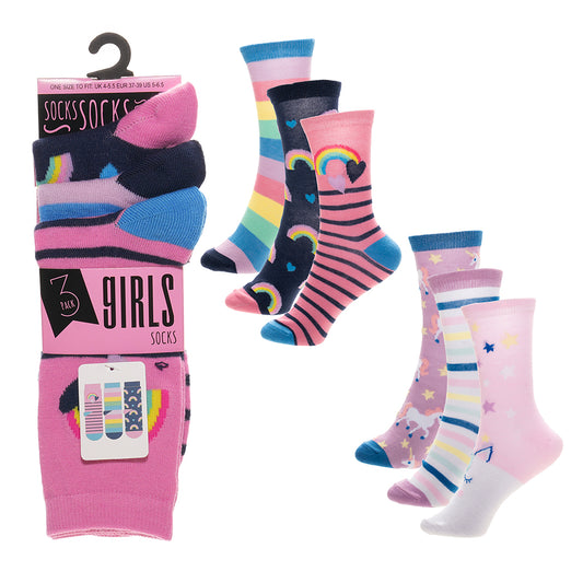 Girls 3pk Socks - Rainbow/Unicorn (PK12) (9-12 to 4-5.5) SK1402