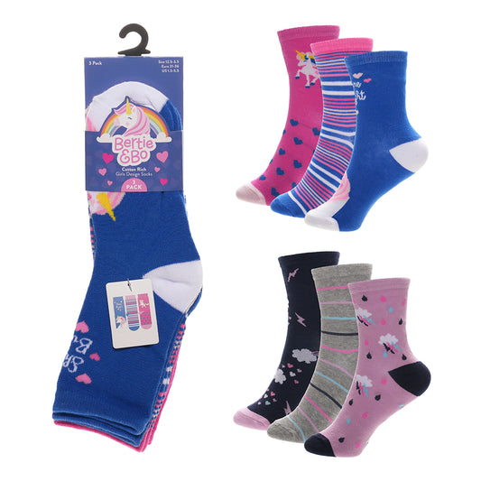 Girls 3pk Socks -Unicorn (PK12) (6-8.5 to 12.5-3.5) SK1405