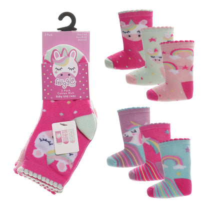 Girls 3pk Socks -Rainbow/Unicorn (PK12) (0-0 to 3-5.5) SK1413
