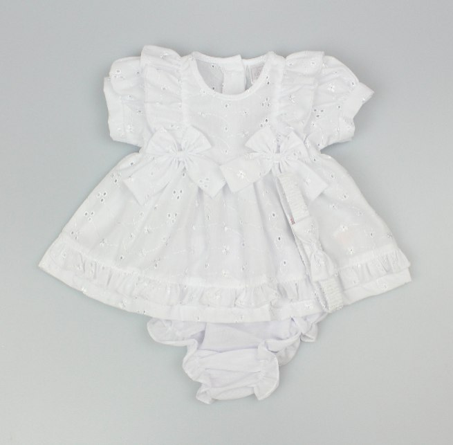 3pc Baby Girls Dress Set - White Double Bow (NB-6m) (PK6) - K14233
