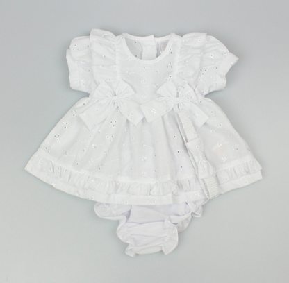 3pc Baby Girls Dress Set - White Double Bow (NB-6m) (PK6) - K14233